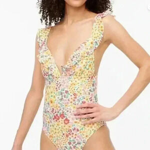 J.Crew Factory Floral Ruffle-Shoulder V-Neck One Piece Swimsuit.